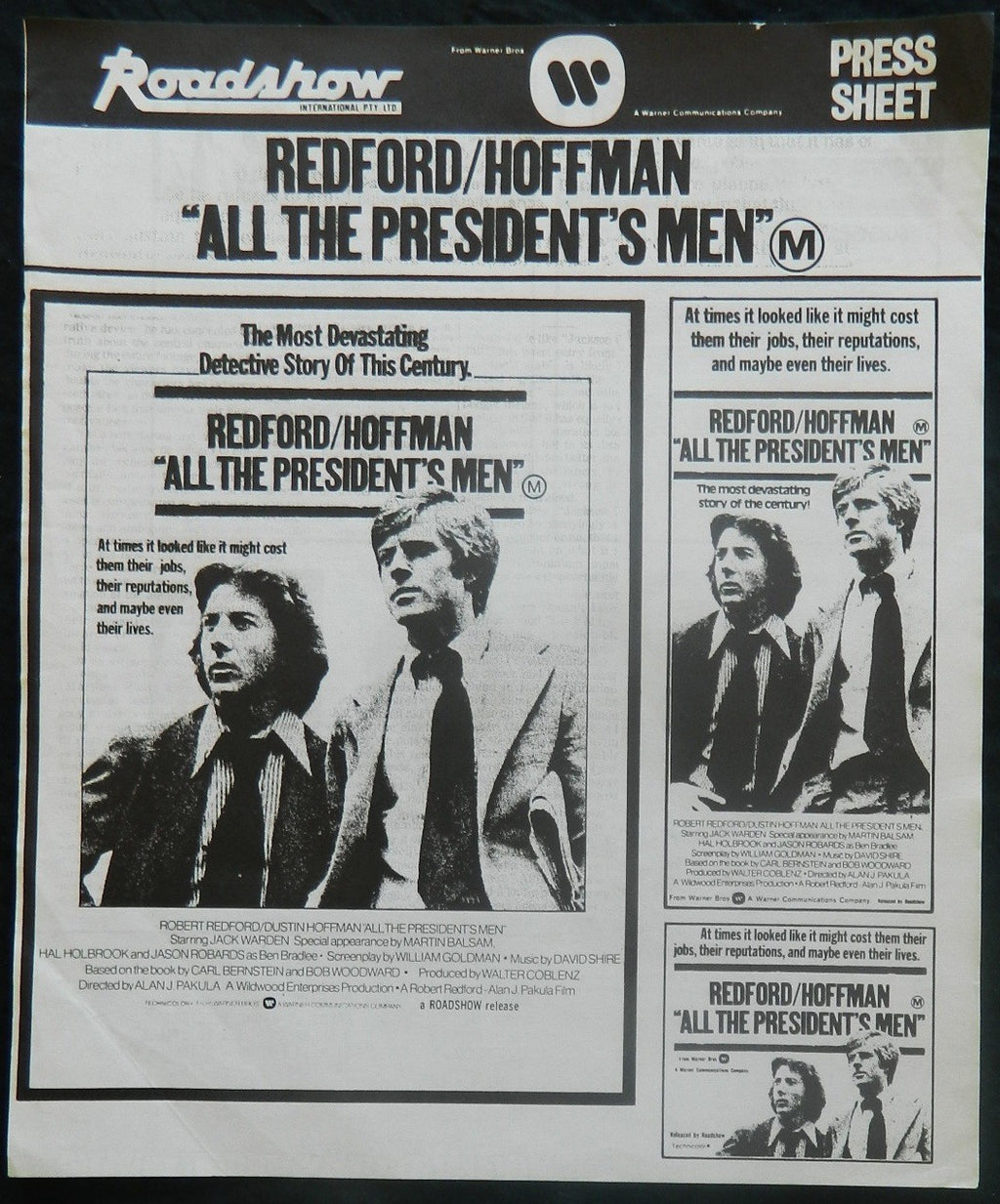ALL THE PRESIDENTS MEN (1974)— Original Australian Press Sheet