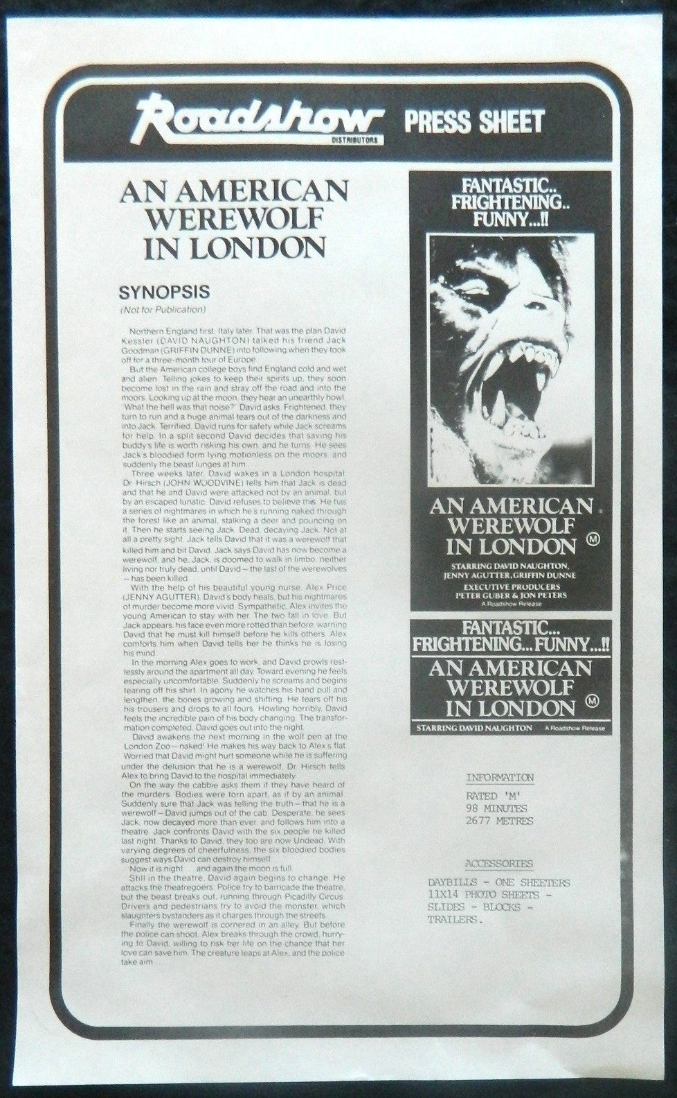 AN AMERICAN WEREWOLF IN LONDON (1981)— Original Australian Press Sheet