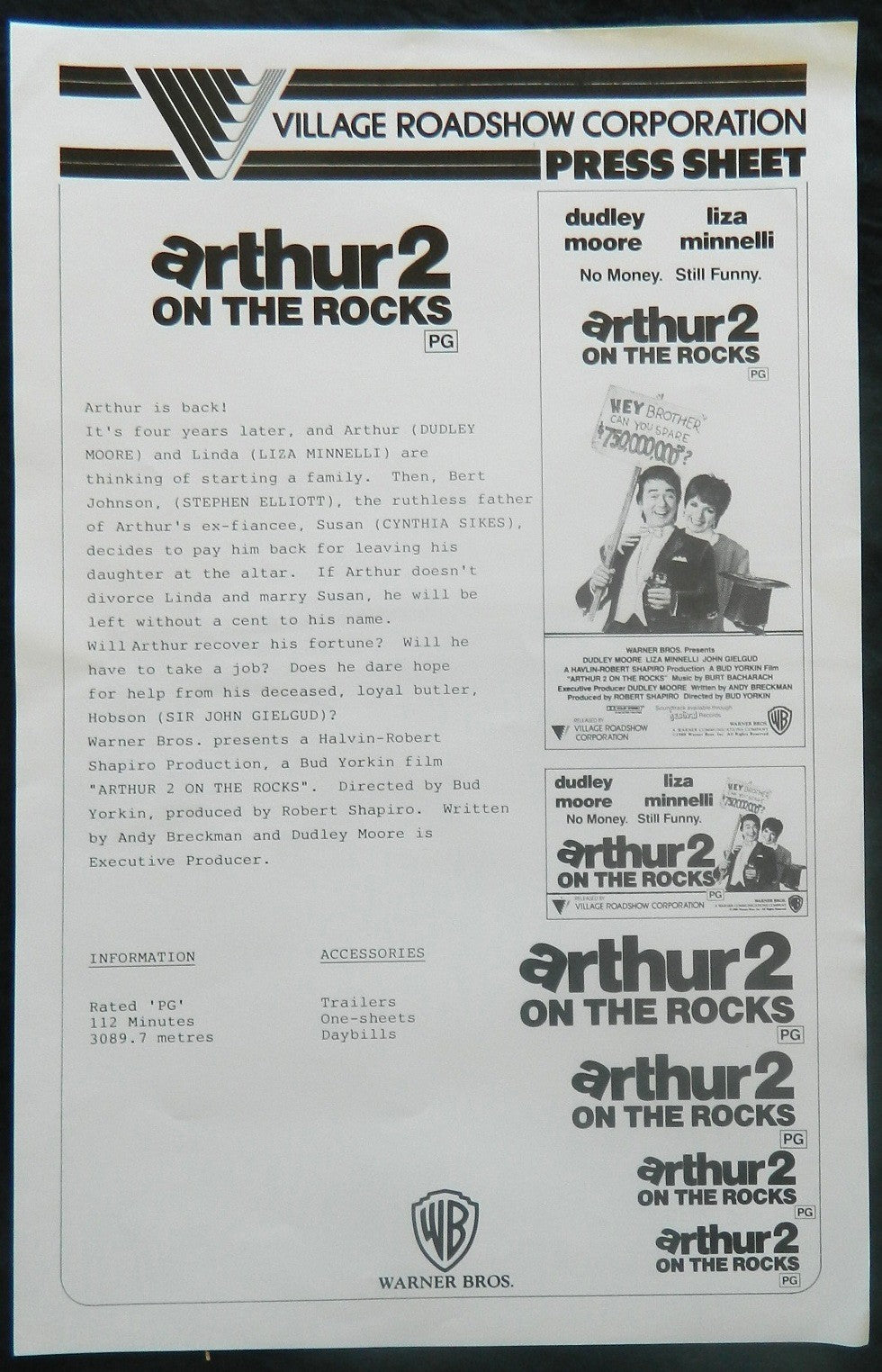 ARTHUR 2 ON THE ROCKS (1988)— Original Australian Press Sheet