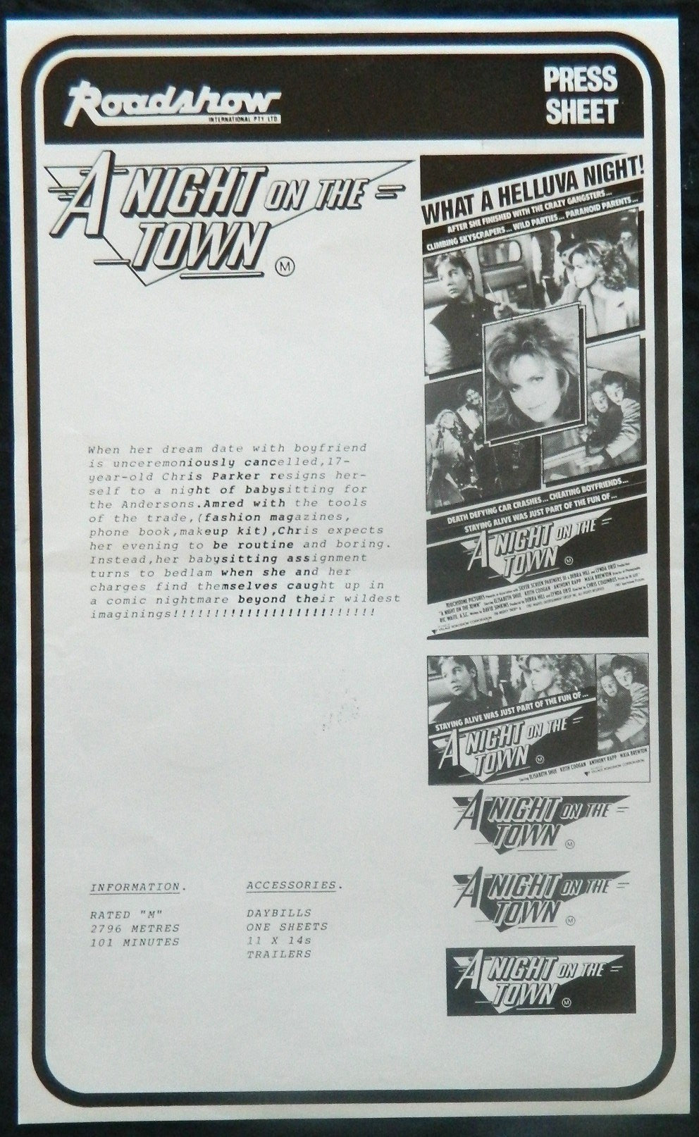 A NIGHT ON THE TOWN (1987)— Original Australian Press Sheet