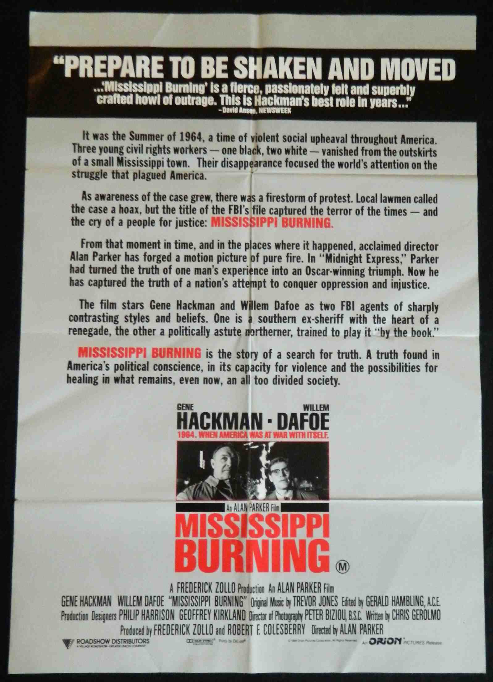 MISSISSIPPI BURNING  (1988)— Original Australian one sheet movie poster